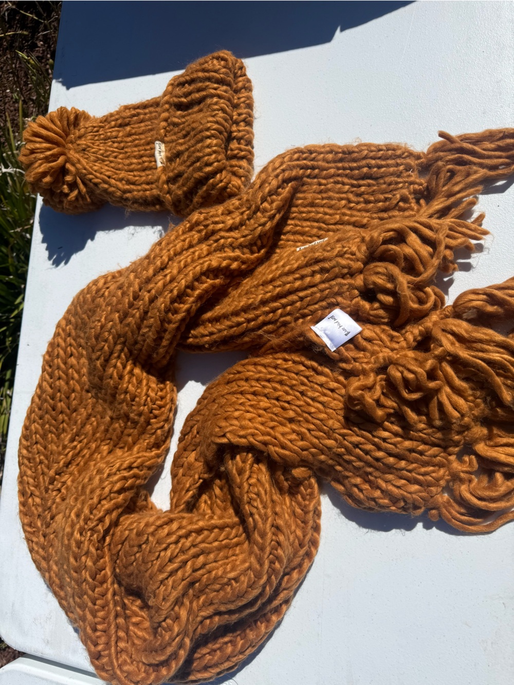 Women’s Boho Pom-Pom Beanie and Scarf Set in Burnt Orange
